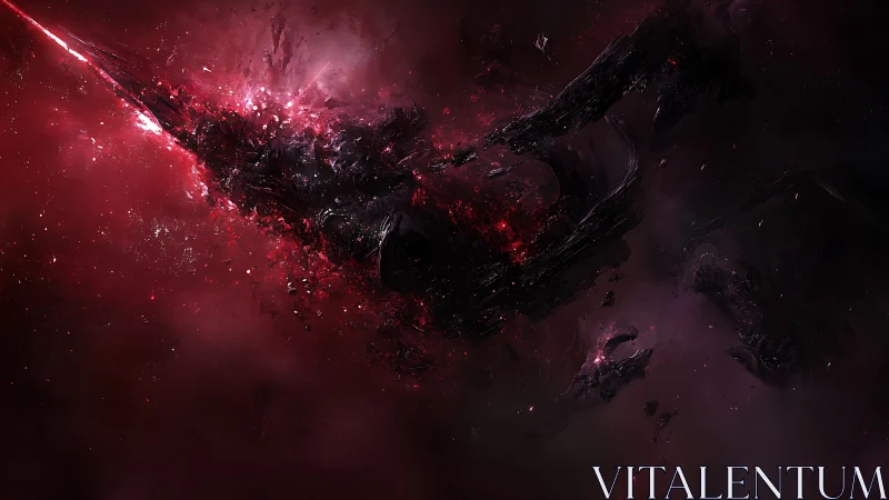 Astrophysical wreckage shard in volatile crimson nebula field.