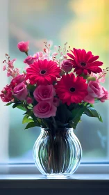 Pink and Magenta Flowers in Crystal Glass Vase.