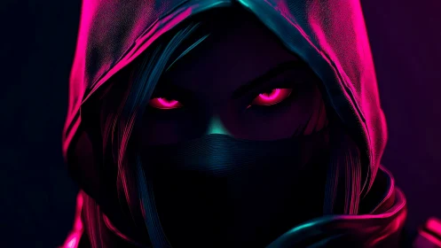 Neon hooded assassin blazing through electric midnight shadows.