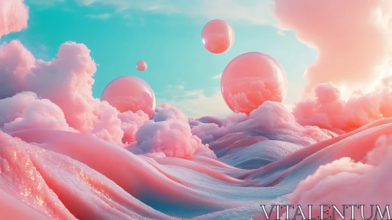 Dreamy pink clouds cradle glossy bubbles in a soft sky