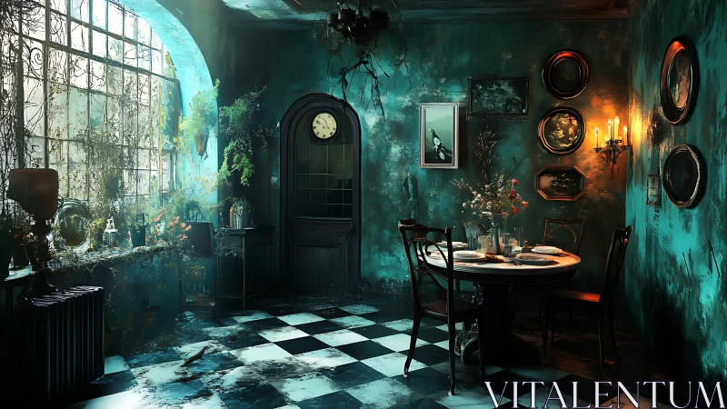 Moonlit ivy haunts a forgotten teal dining room in bloom