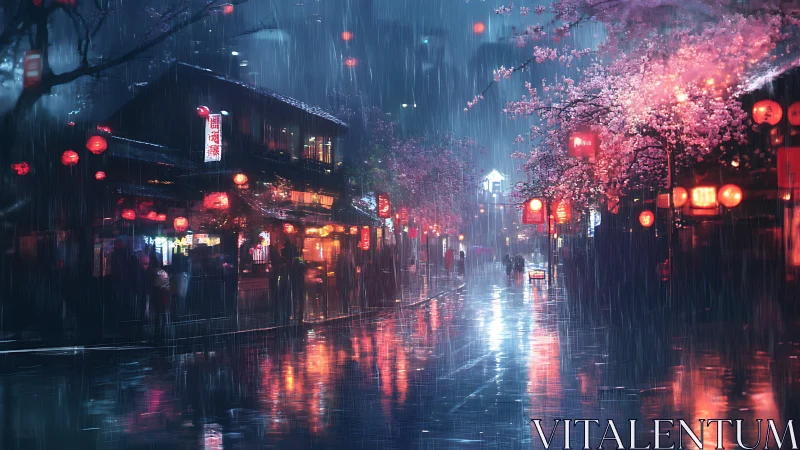 Night street scene records wet reflections and lantern light