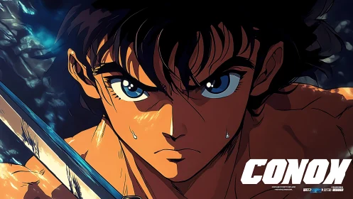 Determined anime hero locks eyes with danger and stands firm