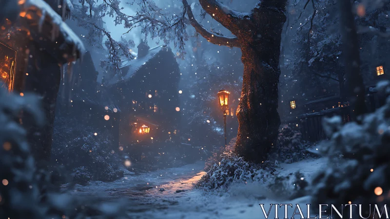 Snowy village lane glows under warm lamplight at dusk