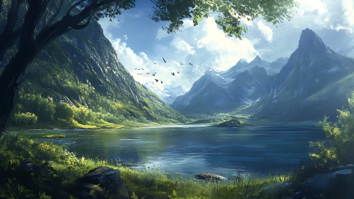 Peaceful mountain lake under sunlit skies and soaring peaks.