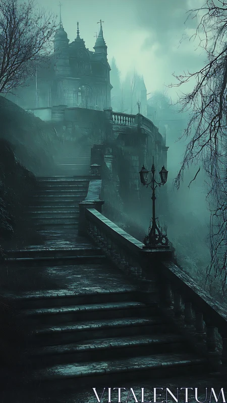 Fog-drenched gothic staircase ascends toward decayed hilltop manor