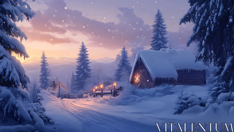 Snow covered cabin at dusk in quiet winter forest scene.