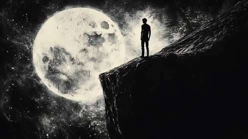 Solitary dreamer poised on a cliff beneath a devouring moon.