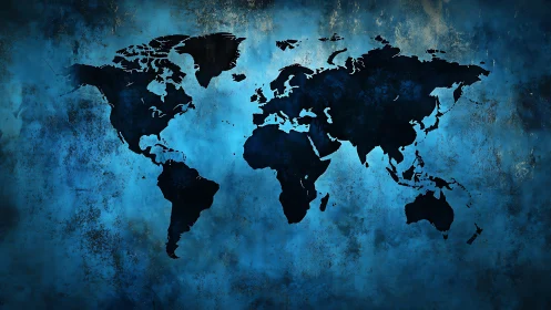 Dark world map silhouette contrasts textured blue background