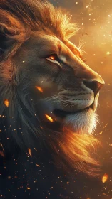 Majestic lion portrait glowing within fiery embers.