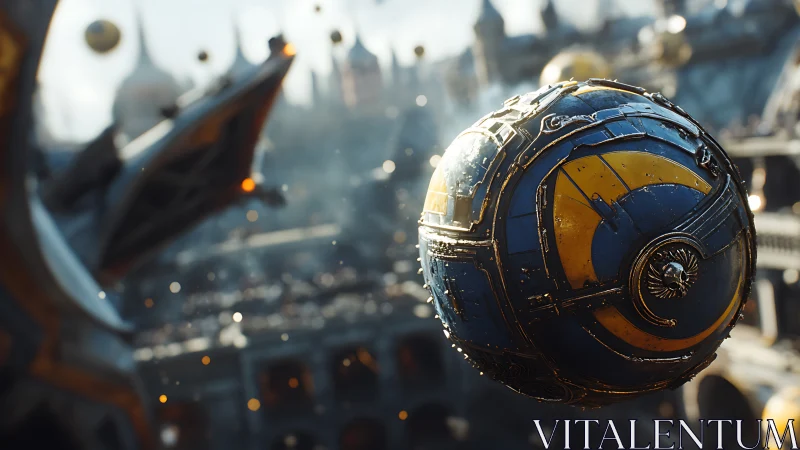 Metallic blue and yellow sphere hovers in detailed cityscape
