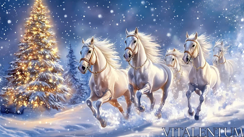 White horses moving through winter snow near lit tree.