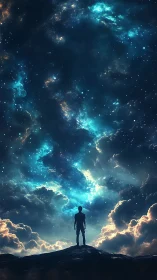 Silhouetted figure stands beneath luminous star filled sky