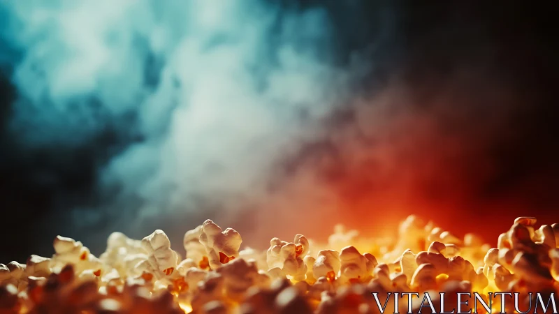 Cinematic popcorn macro under dramatic bicolor steam haze.