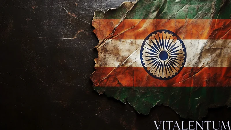 Distressed Indian tricolour flag fragment lies on dark surface