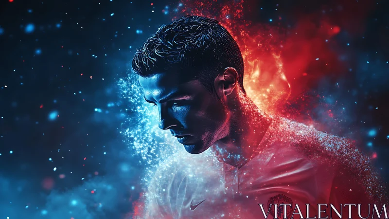 Digital portrait of football player in dual color light.