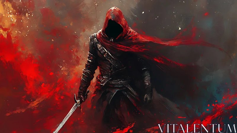Hooded sword-wielder strides through swirling red storm.