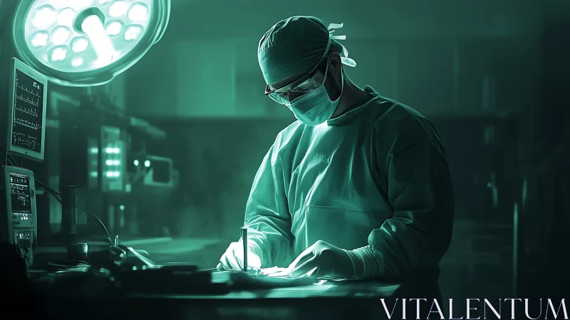 Calm surgeon at work under gentle emerald operating light.