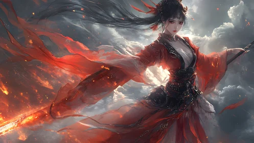 Warrior woman in red robes with flaming sword in clouds.