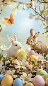 Two detailed rabbits in floral nest with pastel Easter egg cluster
