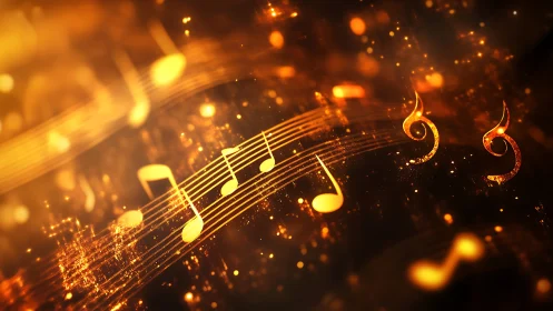 Golden music notes swirl through glowing abstract light