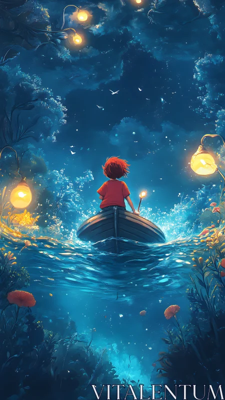 Child in rowboat moves through illuminated nocturnal waterway