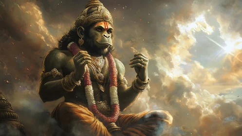 Divine monkey figure seated in ornate attire amid clouds.