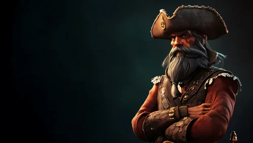 Digital rendering shows stern older pirate in three-quarter view