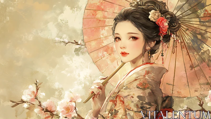 Elegant geisha gazes softly beneath a painted parasol.