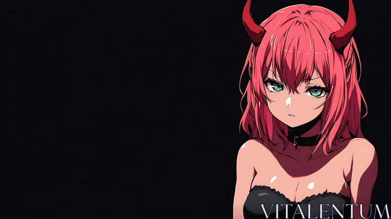 Red haired horned anime girl on black negative space background