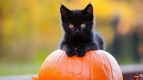 Black Kitten with Golden Eyes Perched on a Bright Orange Pumpkin
