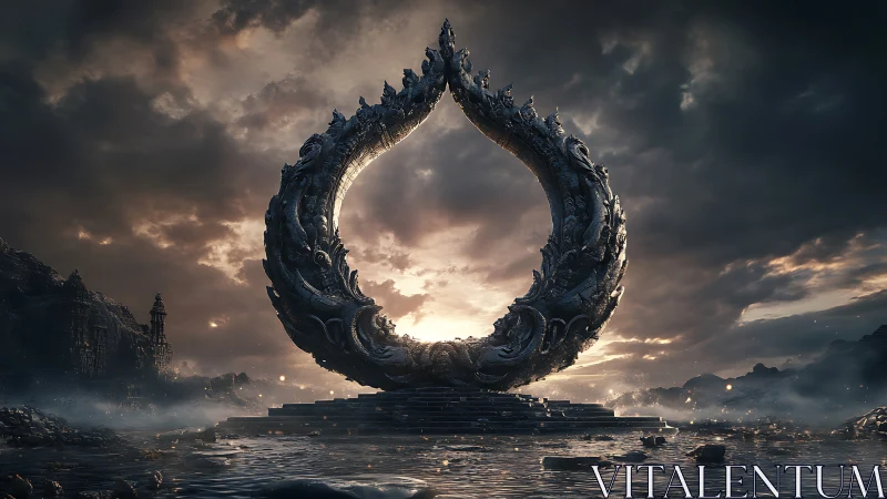 Twilight gateway of carved stone curling toward dawn.