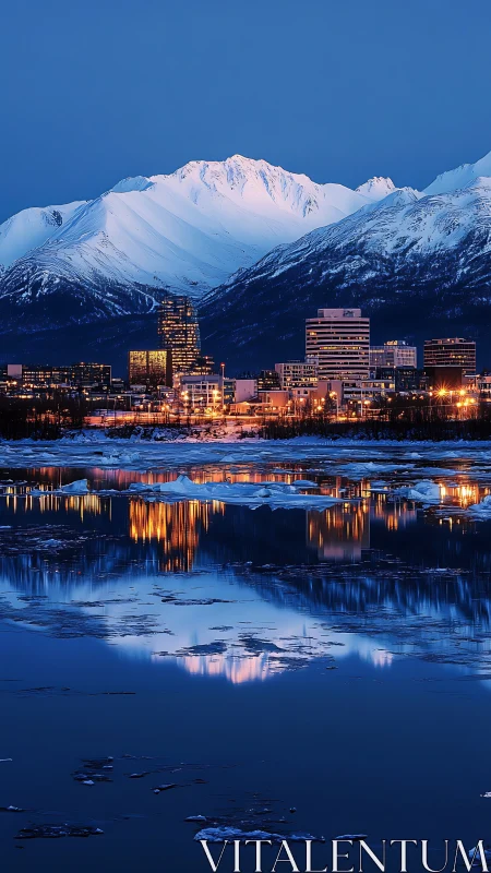 Snowlit mountain city glows softly above calm icy waters