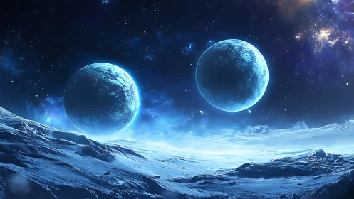 Twin exoplanets illuminate a frozen alien landscape under blue light