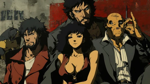 Group portrait shows four stylized characters in anime format