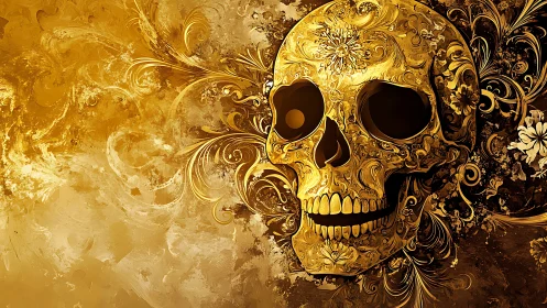 Gilded skull blooms into swirling baroque floral echoes