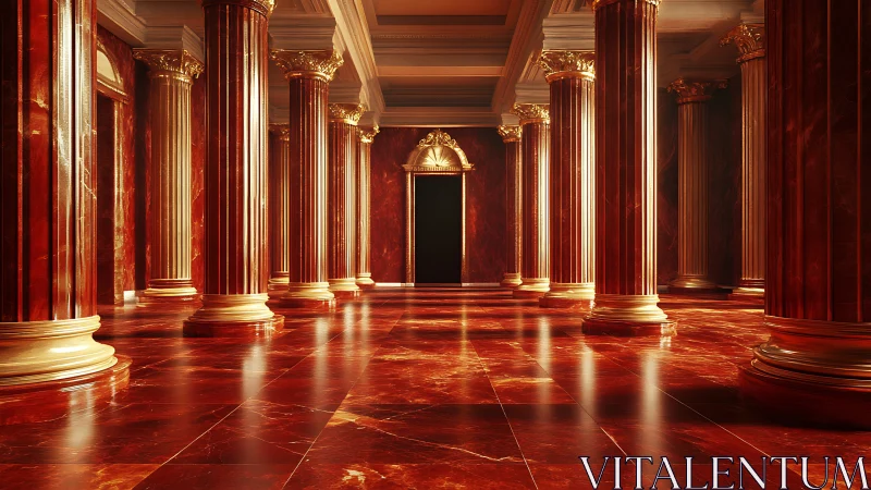 Crimson marble colonnade guarding a secret shadowed doorway.