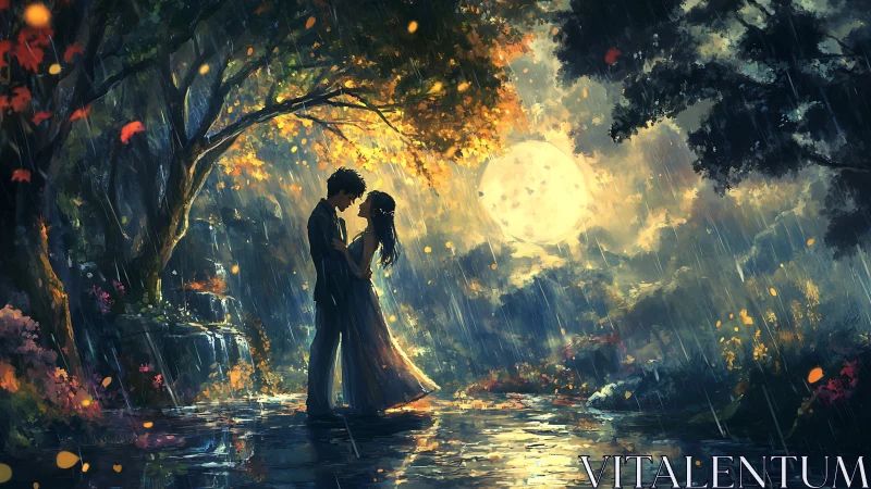 Two figures in moonlit forest landscape.