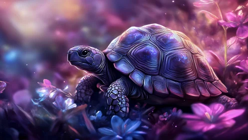 Iridescent tortoise study in luminous floral digital painting.