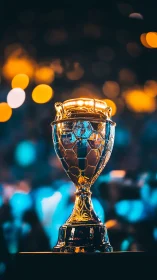 Glowing golden trophy stands under vibrant bokeh lights.