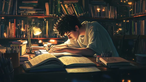 Midnight scholar bends light and ink over glowing pages.