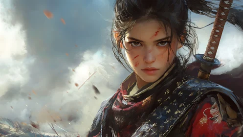Wounded samurai girl stares ahead through drifting battle smoke