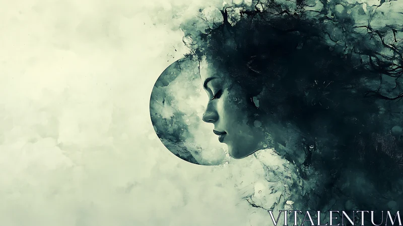 Surreal female profile dissolving into celestial mist.