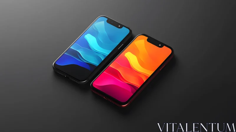 Two modern smartphones with vibrant screens on dark surface.