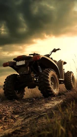 Mud-hungry ATV waits beneath storm-lit adventure sky.