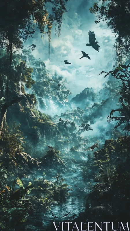 Misty Canyon Portal Where Birds Dance Between Verdant Cliffs