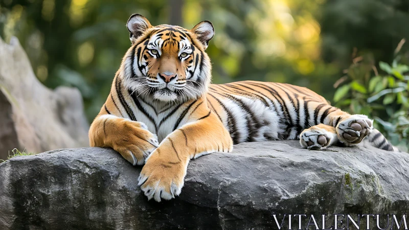 Regal rock-lounging tiger basking in jungle hush.
