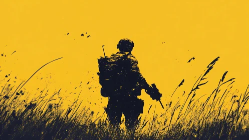 Silhouetted soldier crosses wild grass under stark yellow sky.