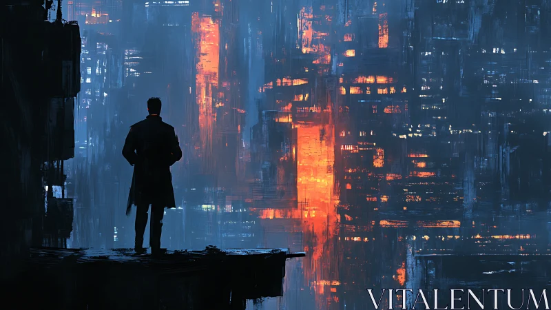 Silhouetted observer surveys abstract neon cityscape in rain-washed dusk