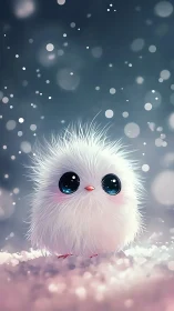 Fluffy white chick with oversized eyes in soft snowfall bokeh